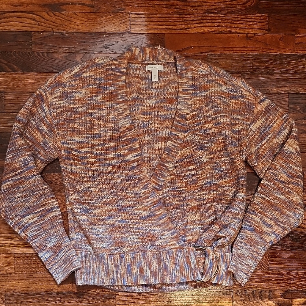 Nine West Knitted Soft Cozy Brown and Blue Belted Cottagecore V-Neck Sweater Med